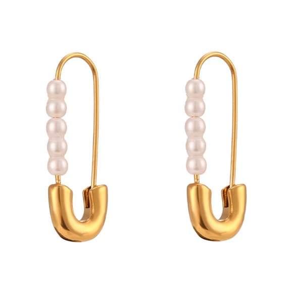 Safety Pin Imitation Pearl Hoop Earrings Paper Clip 18K Gold - Picture 4 of 9